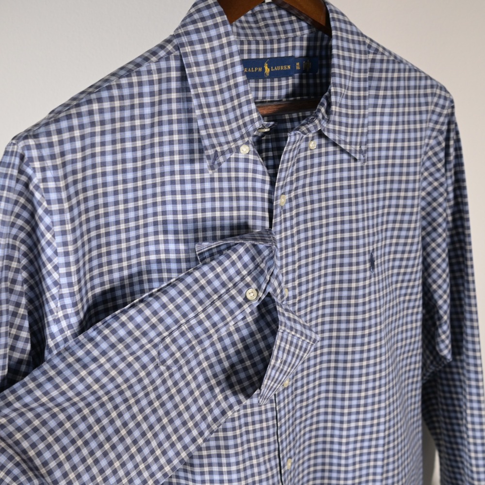 Ralph Lauren Mens XL Blue Gingham Check Long Sleeve Button Down Shirt Pony Logo
